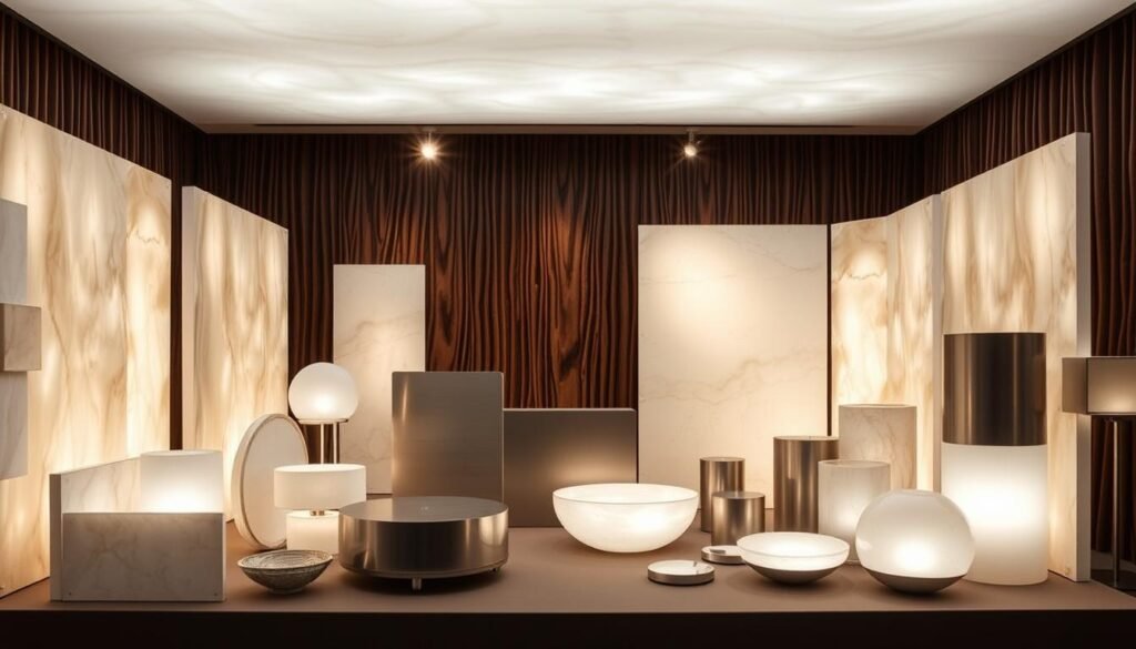 A meticulously crafted display of various lighting materials, showcasing the Aloha brand's expertise in custom lighting solutions. In the foreground, a collection of translucent alabaster panels, their surfaces imbued with a soft, ambient glow, creating an elegant and warm ambiance. In the middle ground, a selection of sleek, brushed aluminum fixtures, their minimalist designs complementing the natural textures of the alabaster. In the background, a rich, wooded backdrop provides a grounding, organic element, while strategically placed spotlights highlight the interplay of light and material. The overall composition conveys a sense of refined sophistication, inviting the viewer to explore the versatility and customization options available for crafting the perfect lighting solution. A meticulously crafted display of various lighting materials, showcasing the Aloha brand's expertise in custom lighting solutions. In the foreground, a collection of translucent alabaster panels, their surfaces imbued with a soft, ambient glow, creating an elegant and warm ambiance. In the middle ground, a selection of sleek, brushed aluminum fixtures, their minimalist designs complementing the natural textures of the alabaster. In the background, a rich, wooded backdrop provides a grounding, organic element, while strategically placed spotlights highlight the interplay of light and material. The overall composition conveys a sense of refined sophistication, inviting the viewer to explore the versatility and customization options available for crafting the perfect lighting solution.