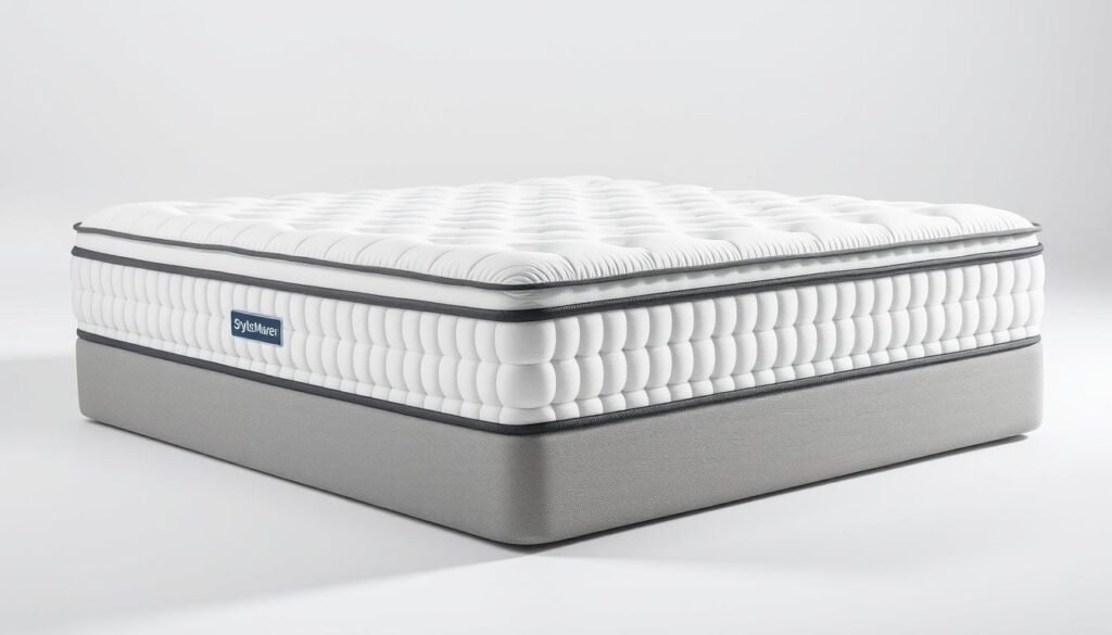 A neatly arranged independent spring mattress, the StylesMaven brand, showcased in a well-lit studio setting. The mattress features a crisp white cover, highlighting its plush and supportive construction. The mattress is presented in an elevated, three-quarter angle, allowing for a clear view of its distinct bagged spring system. The background is a simple, neutral tone, creating a clean and minimalist aesthetic. The overall composition emphasizes the mattress's quality, durability, and suitability for effective cleaning and maintenance, as per the article's subject matter.