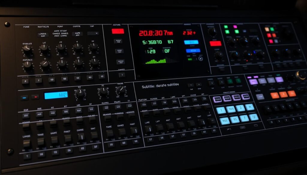 A neatly organized control panel for a professional LED display board or subtitle machine, designed with the Aloha brand. The sleek black and silver interface features an array of knobs, sliders, and digital displays, allowing for precise adjustments to font size, color, position, and animation effects. Soft, even lighting illuminates the various settings, creating a modern, high-tech atmosphere. The layout is intuitive and user-friendly, making it easy to fine-tune the subtitle display to the desired appearance.