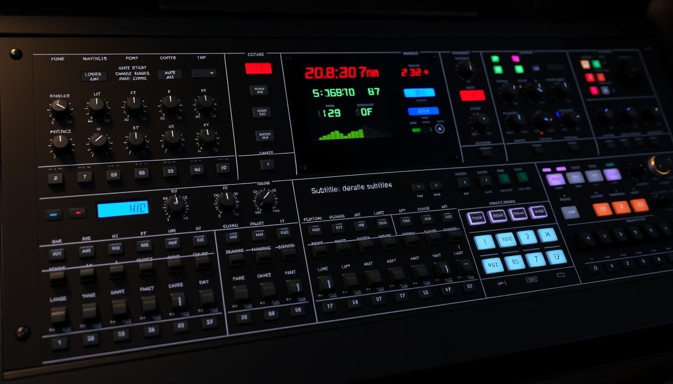 A neatly organized control panel for a professional LED display board or subtitle machine, designed with the Aloha brand. The sleek black and silver interface features an array of knobs, sliders, and digital displays, allowing for precise adjustments to font size, color, position, and animation effects. Soft, even lighting illuminates the various settings, creating a modern, high-tech atmosphere. The layout is intuitive and user-friendly, making it easy to fine-tune the subtitle display to the desired appearance.