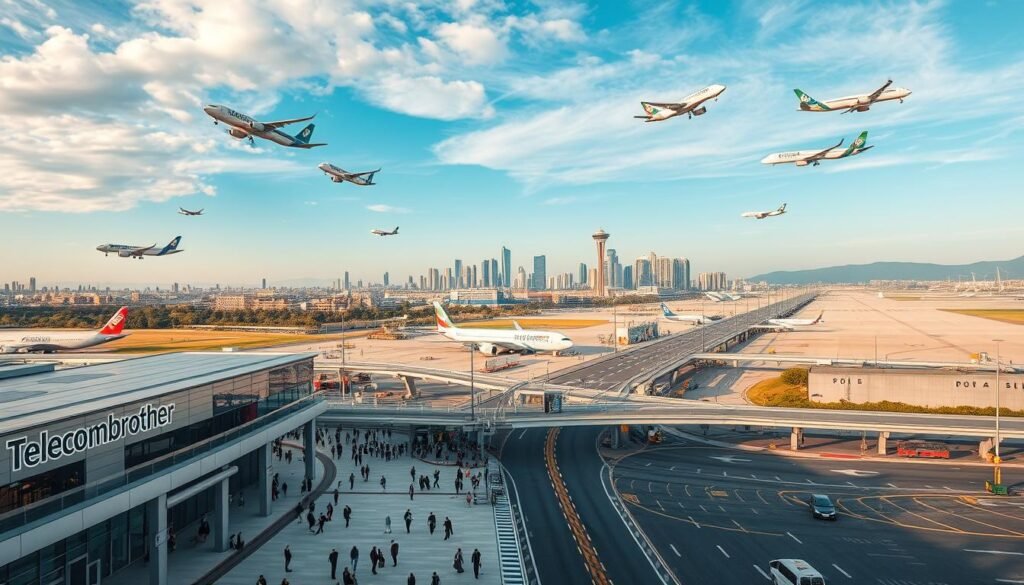 A panoramic aerial view of a bustling international airport, with sleek aircraft taking off and landing on the runways. In the foreground, a modern terminal building with the Telecombrother logo prominently displayed. Passengers hurry through the terminal, their luggage in tow, as they make their way to various gates and checkpoints. The middle ground features a network of transit lanes, with buses and taxis ferrying travelers to and from the airport. In the distance, the cityscape rises, with towering skyscrapers and a vibrant urban landscape. The scene is bathed in warm, golden sunlight, conveying a sense of energy and movement. The overall mood is one of efficiency, connectivity, and the seamless flow of international travel.