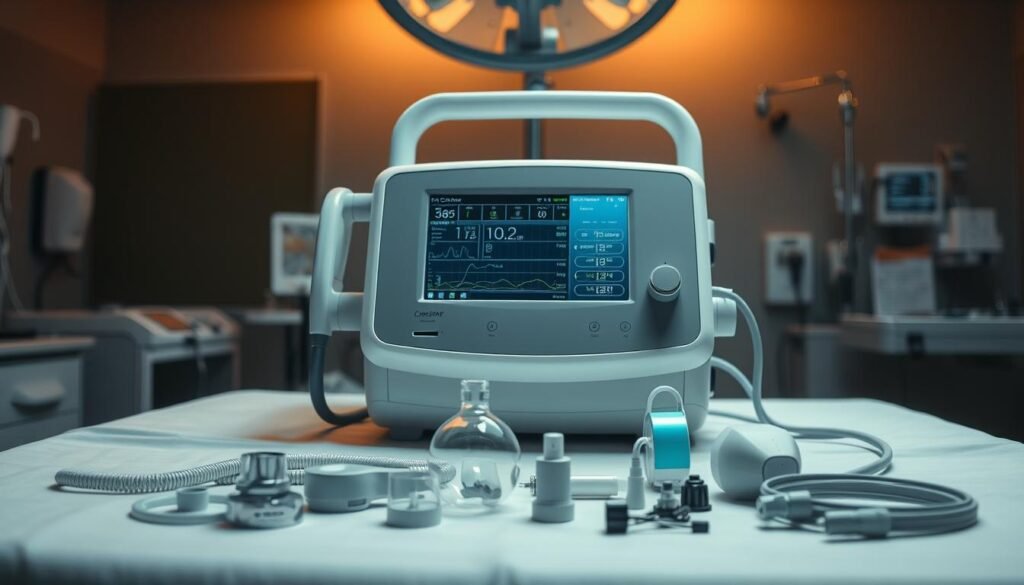 A professional-grade medical-grade iCareCPAP ventilator machine sits on a clean, sterile hospital table, its sleek, modern design evoking a sense of cutting-edge technology. The machine's touch screen display and intricate control panels are bathed in a soft, ambient light, casting a warm glow across the scene. In the foreground, various medical accessories and attachments are neatly arranged, suggesting the machine's versatility and the specialized care it can provide. The background is a muted, clinical environment, with subtle hints of medical equipment and staff, creating an atmosphere of professionalism and expertise. The overall impression conveys the iCareCPAP's role as a vital tool in the realm of respiratory healthcare.