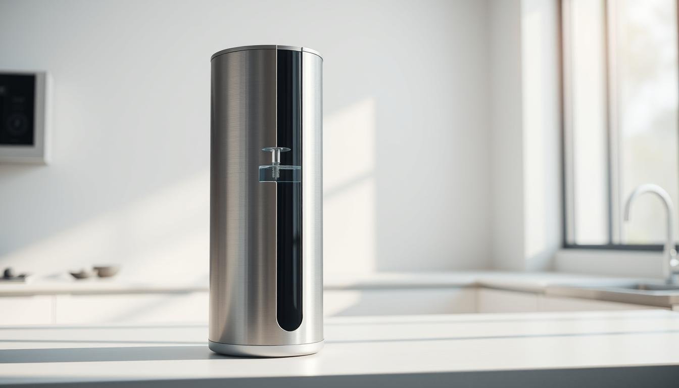 A sleek, modern water purifier standing prominently on a clean, minimalist kitchen counter, bathed in soft, diffused natural lighting streaming in from a large window. The purifier's elegant, cylindrical design features a brushed stainless steel exterior, complemented by a transparent water tank that reveals the filtration process within. Carefully positioned to showcase its efficient, advanced filtration technology, the purifier embodies the intersection of form and function, designed to purify water and enhance the modern kitchen aesthetic.