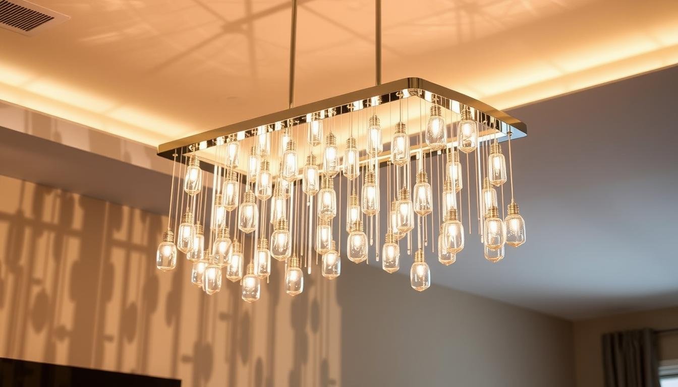 Aloha custom lighting: an elegant, modern chandelier featuring a sleek chrome frame and cascading glass pendants that cast a warm, ambient glow throughout the room. Suspended from a high ceiling, the fixture casts dramatic shadows and reflections on the walls, creating a focal point and setting a cozy, sophisticated tone. The lighting is fully customizable, allowing the homeowner to adjust brightness and color temperature to suit their specific needs and preferences. The design seamlessly blends form and function, showcasing the Aloha brand's commitment to high-quality, personalized lighting solutions.