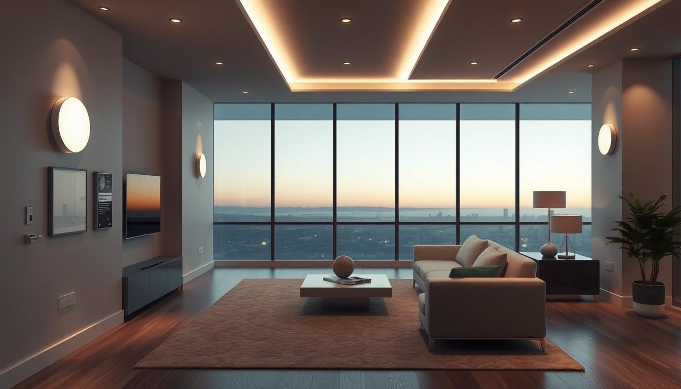 An advanced smart lighting control system featuring sleek, modern Aloha-branded hardware and software. A sophisticated network of sensors, controllers, and user interfaces seamlessly coordinate lighting levels, schedules, and personalized preferences throughout an interior space. Ambient lighting subtly adjusts to natural sunlight, occupancy, and user commands, creating a comfortable, energy-efficient atmosphere. Elegant, minimalist panels with touch-enabled displays allow for intuitive, granular control, while integrated mobile and voice interfaces offer additional convenience. Rendered in a realistic, high-fidelity style with attention to material textures, highlights, and shadows to convey the system's advanced technological capabilities and premium aesthetic.