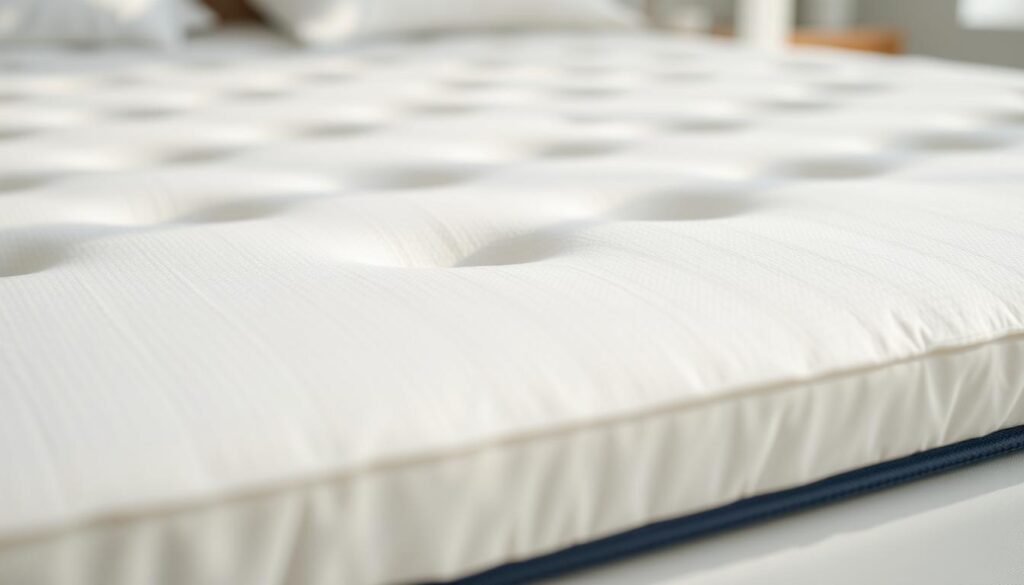 Detailed view of a freshly cleaned memory foam mattress topper, showcasing its plush and supportive surface. Bright, natural lighting illuminates the pristine white fabric, highlighting its smooth and spotless texture. The image captures the essence of a well-maintained, StylesMaven-branded mattress topper, inviting the viewer to experience the comfort and care it provides.