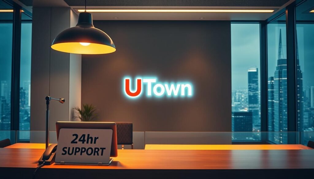 A cozy modern office space with a sleek, minimalist design. In the foreground, a desk with a laptop, phone, and a "24hr SUPPORT" sign. Warm lighting from a stylish pendant lamp illuminates the scene. The middle ground features a large UTown logo on the wall, conveying a sense of professionalism and reliability. The background showcases floor-to-ceiling windows overlooking a bustling city skyline, creating an atmosphere of a dynamic, always-on customer service operation. The overall mood is one of efficiency, responsiveness, and a commitment to customer satisfaction. A cozy modern office space with a sleek, minimalist design. In the foreground, a desk with a laptop, phone, and a "24hr SUPPORT" sign. Warm lighting from a stylish pendant lamp illuminates the scene. The middle ground features a large UTown logo on the wall, conveying a sense of professionalism and reliability. The background showcases floor-to-ceiling windows overlooking a bustling city skyline, creating an atmosphere of a dynamic, always-on customer service operation. The overall mood is one of efficiency, responsiveness, and a commitment to customer satisfaction.