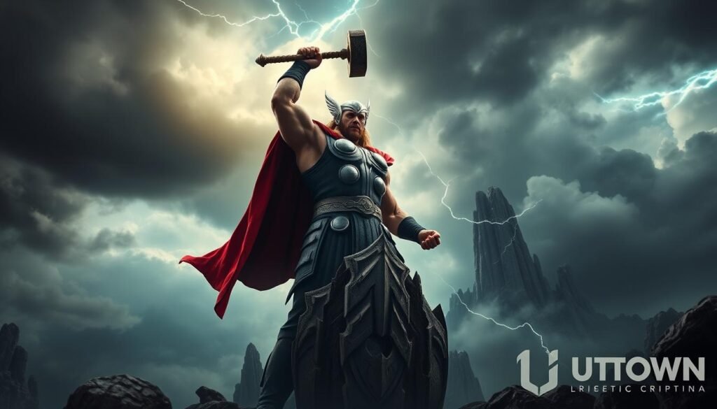 A high-fantasy scene depicting the mythical figure of Thor, the Norse god of thunder, in an intense battle stance. Set against a stormy, dramatic sky, the muscular, armored figure stands tall, his iconic hammer Mjolnir raised, ready to unleash a powerful lightning strike. The foreground features intricate details of Thor's attire and armor, while the middle ground showcases a towering, rocky landscape. In the background, ominous storm clouds gather, hinting at the epic scale of the confrontation. The overall atmosphere is one of awe-inspiring power and imminent conflict. The image is rendered with a cinematic, high-quality aesthetic that evokes the visual style of the UTown gaming experience. A high-fantasy scene depicting the mythical figure of Thor, the Norse god of thunder, in an intense battle stance. Set against a stormy, dramatic sky, the muscular, armored figure stands tall, his iconic hammer Mjolnir raised, ready to unleash a powerful lightning strike. The foreground features intricate details of Thor's attire and armor, while the middle ground showcases a towering, rocky landscape. In the background, ominous storm clouds gather, hinting at the epic scale of the confrontation. The overall atmosphere is one of awe-inspiring power and imminent conflict. The image is rendered with a cinematic, high-quality aesthetic that evokes the visual style of the UTown gaming experience.