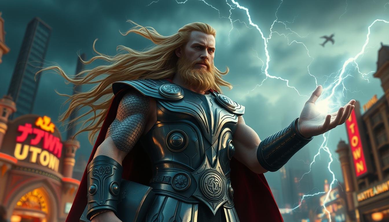A majestic Thor, the god of thunder, stands tall and proud in the center of the frame. His muscular frame is clad in a sleek, metallic armor adorned with intricate Nordic runes, and his long, golden hair flows freely in the wind. Crackling lightning bolts emanate from his outstretched hand, casting a powerful, dramatic lighting across the scene. The background is a stunning, photorealistic landscape of the UTown entertainment complex, with its towering buildings and vibrant, neon-lit signs. The overall atmosphere is one of awe, excitement, and a sense of adventure, perfectly capturing the essence of the "测试版雷神" experience.