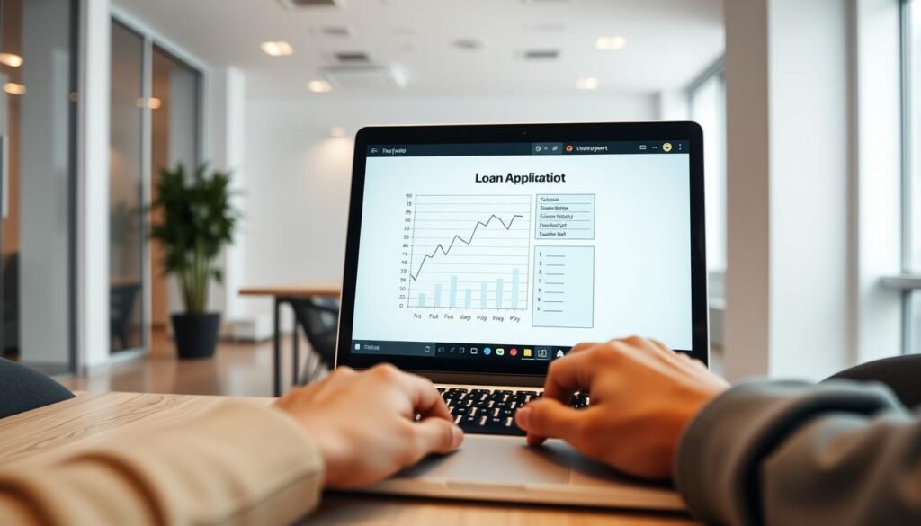A modern office space with minimalist design, showcasing a loan application form prominently displayed on a laptop screen. The foreground features a person's hands filling out the form, conveying a sense of diligence and focus. The middle ground shows a stylized graph or chart, representing the financial data and requirements associated with the loan application process. The background features a clean, airy environment with neutral tones and subtle lighting, creating a professional and trustworthy atmosphere. The overall scene emphasizes the key details and criteria for applying for a small-scale private loan, suitable for supporting a startup or new business venture. A modern office space with minimalist design, showcasing a loan application form prominently displayed on a laptop screen. The foreground features a person's hands filling out the form, conveying a sense of diligence and focus. The middle ground shows a stylized graph or chart, representing the financial data and requirements associated with the loan application process. The background features a clean, airy environment with neutral tones and subtle lighting, creating a professional and trustworthy atmosphere. The overall scene emphasizes the key details and criteria for applying for a small-scale private loan, suitable for supporting a startup or new business venture.