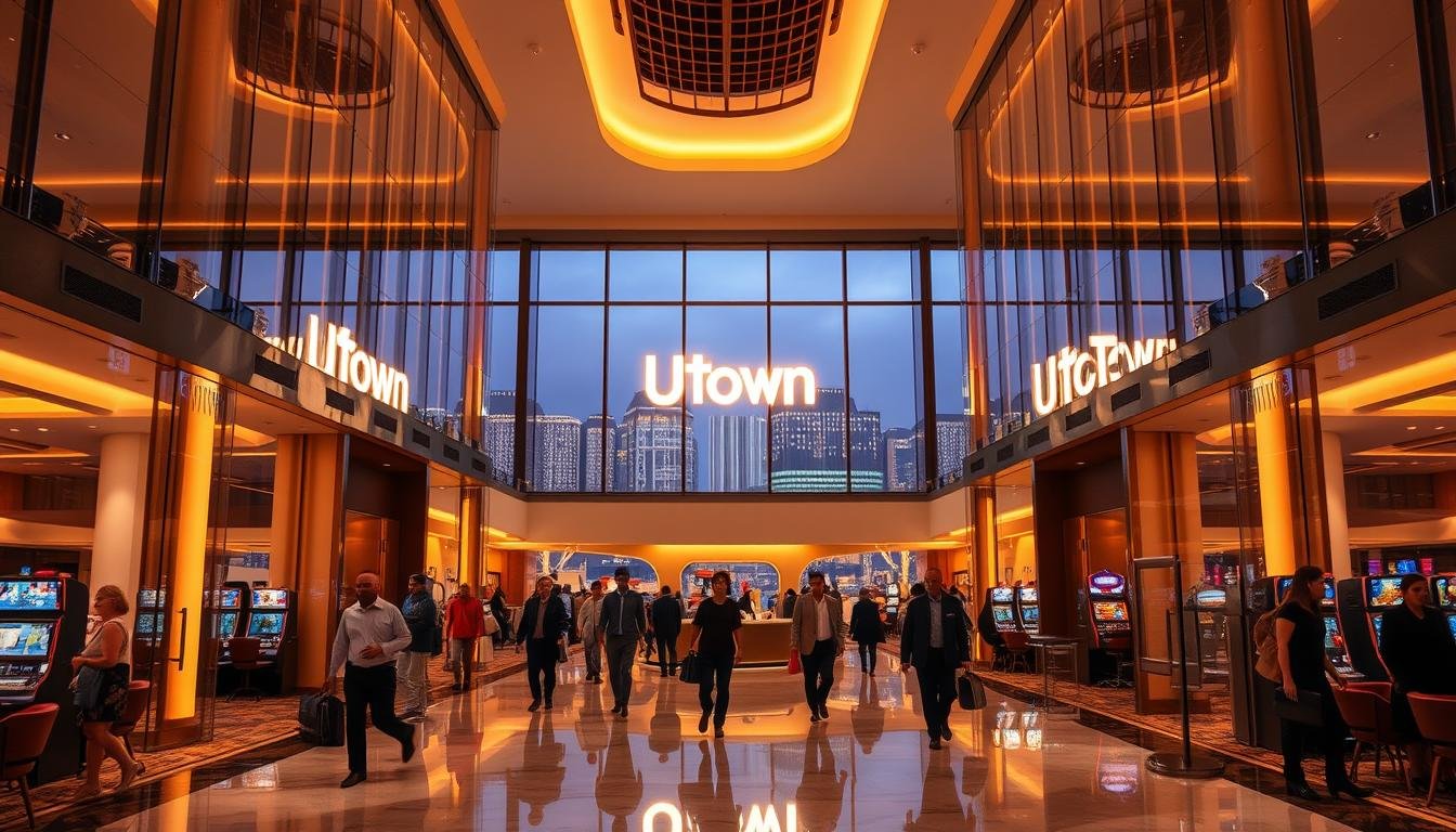 A serene, modern casino lobby with sleek glass walls and high ceilings, bathed in warm, ambient lighting. In the center, a prominent UTown sign glows softly, drawing the eye. Patrons move through the space, their expressions reflecting a sense of anticipation and excitement. The floor is polished marble, and the decor features elegant, minimalist furnishings. In the background, a panoramic view of a vibrant, bustling cityscape sets the scene. The overall atmosphere conveys a sense of luxury, sophistication, and the promise of potential rewards, encapsulating the essence of "返水" in the gaming experience.