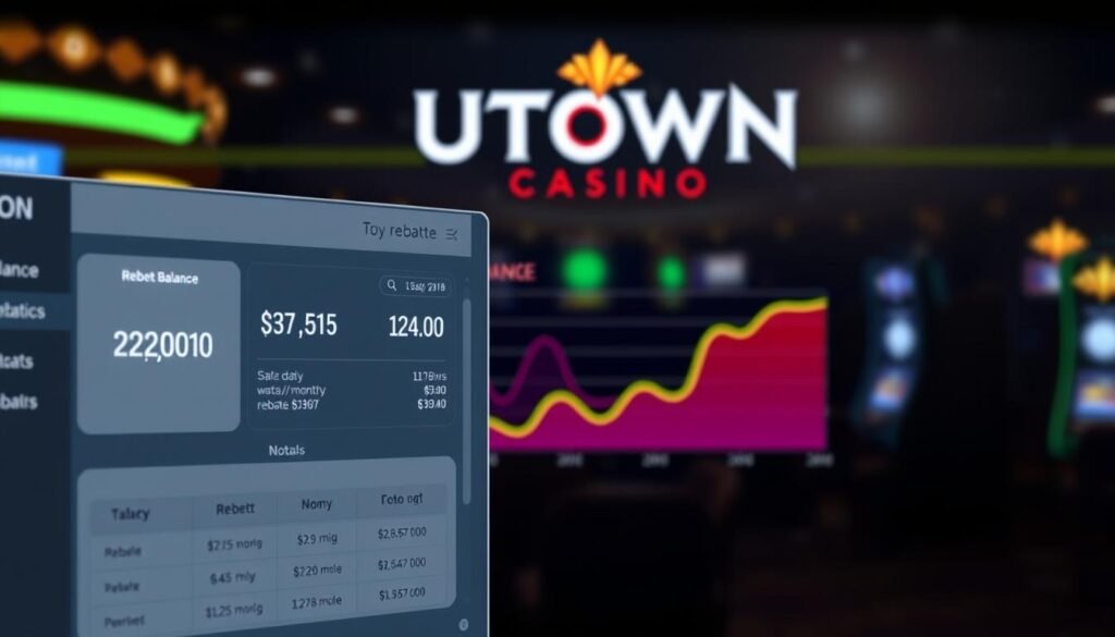 A sleek, modern digital interface showcasing the key details of a casino's "rebate" or "cashback" system. In the foreground, a clean dashboard-like display highlights the user's current rebate balance, rebate rate, and daily/weekly/monthly rebate totals. The middle ground features a colorful graph or chart visualizing the user's rebate earnings over time. In the background, the UTown casino logo is prominently displayed, conveying the brand's commitment to maximizing player rewards. The overall aesthetic is sophisticated, data-driven, and geared towards empowering the user to optimize their rebate earnings. A sleek, modern digital interface showcasing the key details of a casino's "rebate" or "cashback" system. In the foreground, a clean dashboard-like display highlights the user's current rebate balance, rebate rate, and daily/weekly/monthly rebate totals. The middle ground features a colorful graph or chart visualizing the user's rebate earnings over time. In the background, the UTown casino logo is prominently displayed, conveying the brand's commitment to maximizing player rewards. The overall aesthetic is sophisticated, data-driven, and geared towards empowering the user to optimize their rebate earnings.