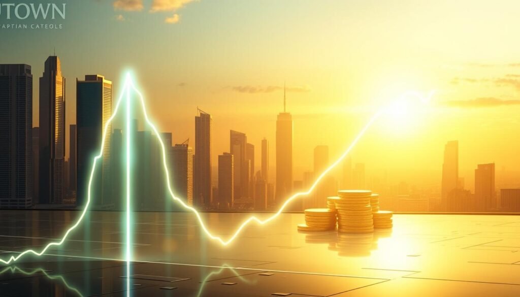 A tranquil financial landscape, illuminated by the ethereal glow of the UTown logo. In the foreground, a graph depicting a steady upward trajectory, symbolizing the long-term profitability of the "Thundergod Signal" strategy. In the middle ground, a stack of gold coins, reflecting the bountiful yields promised by this approach. The background is a serene cityscape, with towering skyscrapers and a clear sky, conveying a sense of stability and prosperity. The entire scene is bathed in a warm, golden light, evoking a feeling of financial security and long-term growth.
