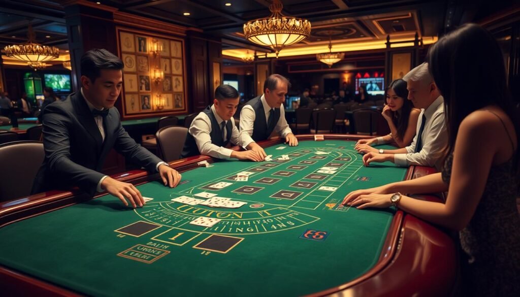 A well-lit, high-resolution, detailed image of a serene gaming table at the UTown entertainment center, showcasing a classic Baccarat game in progress. The table is adorned with elegant green felt, exquisite wooden trim, and polished chrome accents. Dealers in crisp uniforms expertly handle the cards, while attentive players lean in, their faces alight with anticipation. The atmosphere is one of sophisticated leisure, capturing the excitement and elegance of the Baccarat experience at UTown. A well-lit, high-resolution, detailed image of a serene gaming table at the UTown entertainment center, showcasing a classic Baccarat game in progress. The table is adorned with elegant green felt, exquisite wooden trim, and polished chrome accents. Dealers in crisp uniforms expertly handle the cards, while attentive players lean in, their faces alight with anticipation. The atmosphere is one of sophisticated leisure, capturing the excitement and elegance of the Baccarat experience at UTown.