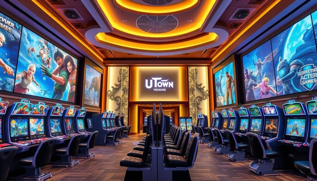 An elegantly designed UTown entertainment center, showcasing a diverse array of electronic games. Vibrant and immersive virtual worlds fill the foreground, inviting players to explore thrilling adventures. Sleek, modern gaming stations are arranged in a visually captivating layout, highlighted by soft, diffused lighting that creates a welcoming atmosphere. The middle ground features signage and branding elements that subtly convey the center's premium offerings, while the background subtly hints at the broader entertainment complex. Crisp, high-resolution rendering captures the premium quality and attention to detail that defines the UTown gaming experience. An elegantly designed UTown entertainment center, showcasing a diverse array of electronic games. Vibrant and immersive virtual worlds fill the foreground, inviting players to explore thrilling adventures. Sleek, modern gaming stations are arranged in a visually captivating layout, highlighted by soft, diffused lighting that creates a welcoming atmosphere. The middle ground features signage and branding elements that subtly convey the center's premium offerings, while the background subtly hints at the broader entertainment complex. Crisp, high-resolution rendering captures the premium quality and attention to detail that defines the UTown gaming experience.