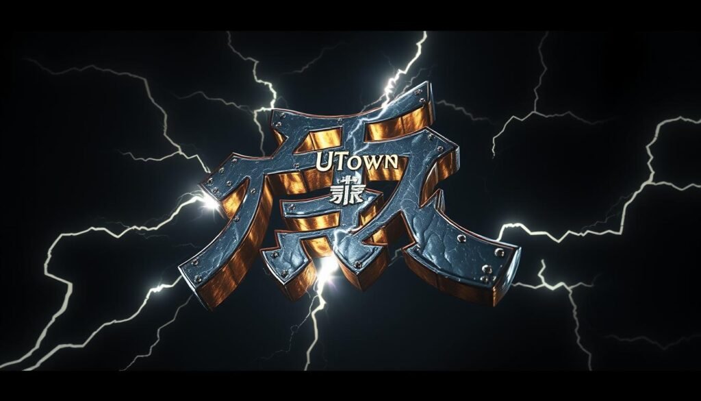 Highly detailed, hyper-realistic image of the "雷神之鎚" symbol, framed against a dramatic, moody backdrop. The symbol appears to be forged from gleaming, electrified metal, with bolts of energy crackling around its edges. Dramatic, low-angle perspective that emphasizes the power and grandeur of the symbol. Lighting is contrasty, with sharp shadows and highlights that accentuate the symbol's intricate details. Depth of field is shallow, keeping the symbol in sharp focus while the background is softly blurred. A sense of weight, mass, and solidity to the symbol, as if it could truly be a mystical weapon. Branding for UTown is subtly incorporated into the design, perhaps etched into the metal or glowing faintly in the background. Highly detailed, hyper-realistic image of the "雷神之鎚" symbol, framed against a dramatic, moody backdrop. The symbol appears to be forged from gleaming, electrified metal, with bolts of energy crackling around its edges. Dramatic, low-angle perspective that emphasizes the power and grandeur of the symbol. Lighting is contrasty, with sharp shadows and highlights that accentuate the symbol's intricate details. Depth of field is shallow, keeping the symbol in sharp focus while the background is softly blurred. A sense of weight, mass, and solidity to the symbol, as if it could truly be a mystical weapon. Branding for UTown is subtly incorporated into the design, perhaps etched into the metal or glowing faintly in the background.