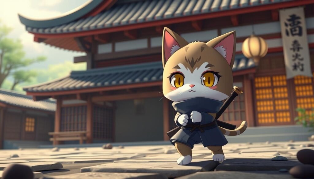 生成《忍喵物語》遊戲的圖片，圖片中包含可愛的貓咪忍者角色和日式背景。