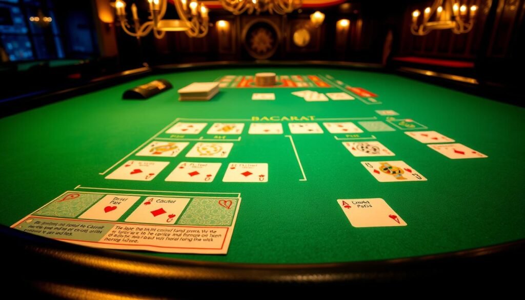 A dimly lit casino table, the green felt surface reflecting the warm glow of overhead lamps. On the table, a detailed diagram outlining the rules and layout of Baccarat, the classic card game. The diagram is meticulously rendered, showcasing the player and banker positions, the card values, and the possible betting options. In the background, a hint of the opulent casino interior, with ornate chandeliers and rich wood paneling, creating an atmosphere of sophistication and strategic decision-making. The image conveys the depth and complexity of the Baccarat rules, inviting the viewer to explore the nuances of this captivating game. A dimly lit casino table, the green felt surface reflecting the warm glow of overhead lamps. On the table, a detailed diagram outlining the rules and layout of Baccarat, the classic card game. The diagram is meticulously rendered, showcasing the player and banker positions, the card values, and the possible betting options. In the background, a hint of the opulent casino interior, with ornate chandeliers and rich wood paneling, creating an atmosphere of sophistication and strategic decision-making. The image conveys the depth and complexity of the Baccarat rules, inviting the viewer to explore the nuances of this captivating game.