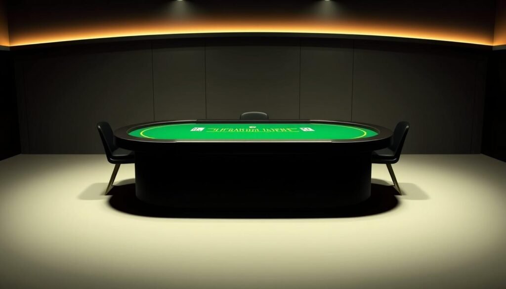 A visually striking illustration of the fundamental rules and objective of the classic casino game Baccarat. Depicted in a minimalist, elegant style, the scene features a green felt gaming table with distinct player and banker positions, set against a dimly lit, sophisticated backdrop. The layout is crisp and well-defined, with subtle lighting casting dramatic shadows to heighten the sense of drama and anticipation. The composition emphasizes the game's core mechanics - the comparison of the player's and banker's hands to determine the winner - through a clean, uncluttered design that captures the essence of this captivating table game. A visually striking illustration of the fundamental rules and objective of the classic casino game Baccarat. Depicted in a minimalist, elegant style, the scene features a green felt gaming table with distinct player and banker positions, set against a dimly lit, sophisticated backdrop. The layout is crisp and well-defined, with subtle lighting casting dramatic shadows to heighten the sense of drama and anticipation. The composition emphasizes the game's core mechanics - the comparison of the player's and banker's hands to determine the winner - through a clean, uncluttered design that captures the essence of this captivating table game.
