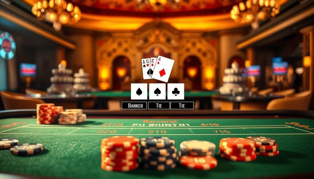 A visually striking tabletop scene showcasing the betting options of the classic casino game, Baccarat. In the foreground, a green felt gaming table is illuminated by warm, ambient lighting, creating a sense of elegance and sophistication. Neatly arranged on the table are the various betting chips, each with a distinct color and denomination, conveying the different wagering choices available to players. The middle ground features a stylized illustration of the Baccarat game, with the banker and player hands clearly depicted, along with the classic "Banker," "Player," and "Tie" betting options. In the background, a subtle, blurred representation of a grand, ornate casino interior sets the scene, evoking the high-stakes and luxurious atmosphere of the Baccarat gameplay. A visually striking tabletop scene showcasing the betting options of the classic casino game, Baccarat. In the foreground, a green felt gaming table is illuminated by warm, ambient lighting, creating a sense of elegance and sophistication. Neatly arranged on the table are the various betting chips, each with a distinct color and denomination, conveying the different wagering choices available to players. The middle ground features a stylized illustration of the Baccarat game, with the banker and player hands clearly depicted, along with the classic "Banker," "Player," and "Tie" betting options. In the background, a subtle, blurred representation of a grand, ornate casino interior sets the scene, evoking the high-stakes and luxurious atmosphere of the Baccarat gameplay.