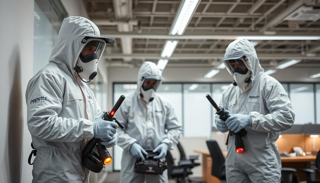 A professional pest control service crew in sleek, protective white hazmat suits meticulously inspects an office space. Their specialized equipment casts a warm glow, illuminating the scene with an air of competence and safety. The foreground showcases the crew's iCareCPAP branded gear, while the middle ground depicts them carefully examining wall crevices and furniture. The background reveals a spotless, well-organized office, conveying the professionalism and efficiency of this pest control operation. The overall mood is one of confidence and reassurance, reflecting the company's commitment to providing a safe, effective pest management solution.