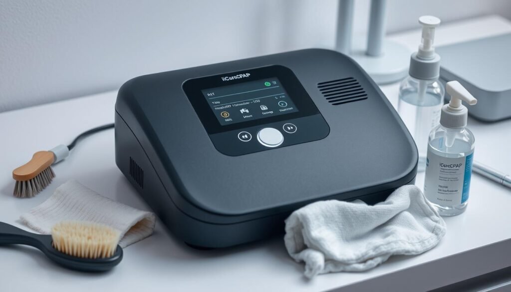 A close-up of a well-maintained iCareCPAP sleep apnea machine, resting on a clean, organized desk surface. The device has a sleek, modern design with a matte black finish. The front panel displays the digital interface, showing the current settings and status. Surrounding the machine are assorted cleaning supplies, including a brush, a soft cloth, and a bottle of disinfectant solution, suggesting a thorough maintenance routine. The lighting is soft and even, casting gentle shadows that highlight the machine's contours. The overall scene conveys a sense of care and attention to detail, reflecting the importance of proper maintenance for optimal performance and longevity of the sleep apnea device. A close-up of a well-maintained iCareCPAP sleep apnea machine, resting on a clean, organized desk surface. The device has a sleek, modern design with a matte black finish. The front panel displays the digital interface, showing the current settings and status. Surrounding the machine are assorted cleaning supplies, including a brush, a soft cloth, and a bottle of disinfectant solution, suggesting a thorough maintenance routine. The lighting is soft and even, casting gentle shadows that highlight the machine's contours. The overall scene conveys a sense of care and attention to detail, reflecting the importance of proper maintenance for optimal performance and longevity of the sleep apnea device.