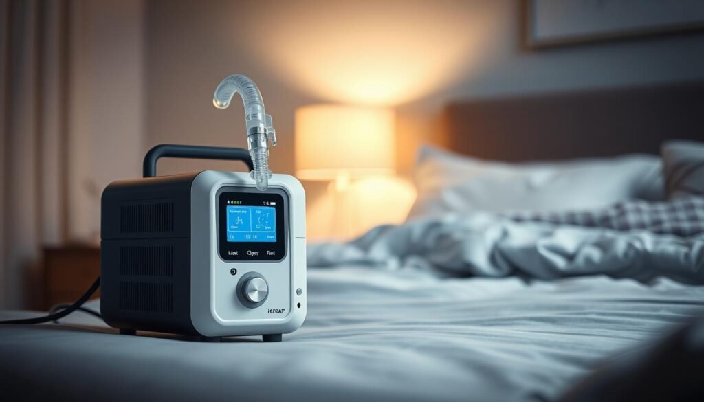 A high-quality, detailed image of a iCareCPAP sleep apnea machine in a modern, sleek design. The machine is the focal point, positioned in the center of the frame with a soft, natural lighting illuminating its various components. The machine's display is clearly visible, showcasing its intuitive interface and key metrics. In the background, a soothing, blurred bedroom environment sets the stage, emphasizing the machine's role in promoting restful sleep. The image conveys the machine's importance and functionality in supporting healthy sleep patterns.