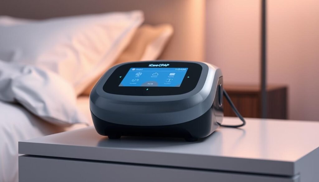 A high-quality medical device with a sleek, modern design, the iCareCPAP sleep apnea machine rests on a nightstand, its smooth curves and minimal interface conveying a sense of advanced technology. Bright yet soothing LED indicators gently illuminate the device, which sits atop a smooth, neutral-toned surface. In the background, a softly blurred, calming bedroom scene provides context, with muted colors and subtle textures creating a serene, restful atmosphere. The iCareCPAP is the central focus, its purpose and functionality immediately evident through its thoughtful, user-centric design. A high-quality medical device with a sleek, modern design, the iCareCPAP sleep apnea machine rests on a nightstand, its smooth curves and minimal interface conveying a sense of advanced technology. Bright yet soothing LED indicators gently illuminate the device, which sits atop a smooth, neutral-toned surface. In the background, a softly blurred, calming bedroom scene provides context, with muted colors and subtle textures creating a serene, restful atmosphere. The iCareCPAP is the central focus, its purpose and functionality immediately evident through its thoughtful, user-centric design.