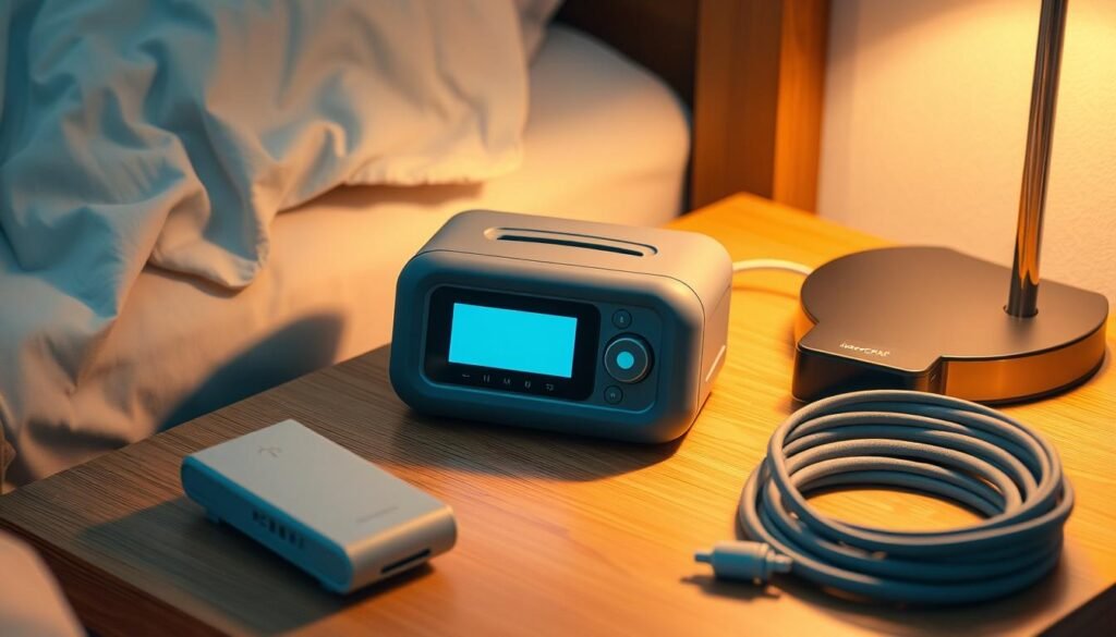 A sleek, portable iCareCPAP machine rests on a wooden nightstand, its matte grey exterior and soft blue LED display radiating a sense of modern medical technology. The device is surrounded by travel-sized accessories, including a compact carry case, power adapter, and flexible silicone tubing, all neatly arranged to convey the ease of bringing this essential sleep aid on the go. Warm, directional lighting casts a cozy glow, highlighting the machine's compact form factor and intuitive controls, ready to provide uninterrupted, restful sleep even during the most adventurous travels.