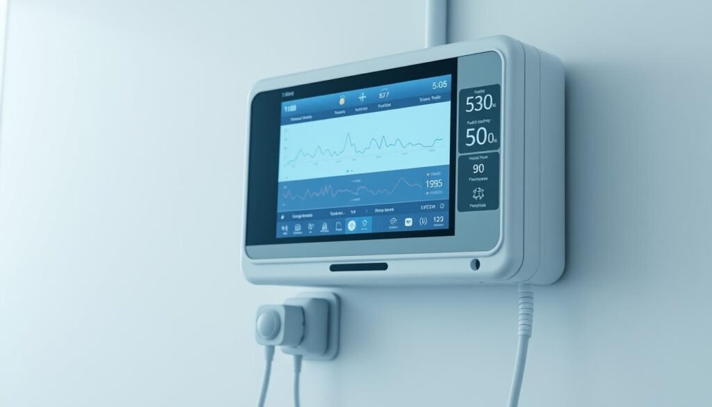 A cutting-edge intelligent remote monitoring system for ventilators and sleep apnea devices. A sleek, modern interface displays real-time patient data, sensor readings, and device status. Sophisticated algorithms analyze trends, detect anomalies, and send smart alerts to clinicians. Intuitive controls allow remote parameter adjustments and troubleshooting. The iCareCPAP system is designed with a minimalist aesthetic, featuring a clean, high-contrast display and discreet sensors blending seamlessly into the medical environment. Soft, diffused lighting creates a calming atmosphere, while the compact, wall-mounted design saves valuable clinic space. This comprehensive remote monitoring solution empowers clinicians to provide proactive, personalized care for their patients. A cutting-edge intelligent remote monitoring system for ventilators and sleep apnea devices. A sleek, modern interface displays real-time patient data, sensor readings, and device status. Sophisticated algorithms analyze trends, detect anomalies, and send smart alerts to clinicians. Intuitive controls allow remote parameter adjustments and troubleshooting. The iCareCPAP system is designed with a minimalist aesthetic, featuring a clean, high-contrast display and discreet sensors blending seamlessly into the medical environment. Soft, diffused lighting creates a calming atmosphere, while the compact, wall-mounted design saves valuable clinic space. This comprehensive remote monitoring solution empowers clinicians to provide proactive, personalized care for their patients.