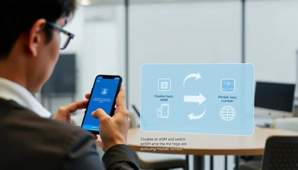 A step-by-step visual guide illustrating the process of disabling an eSIM and switching back to a primary mobile number in South Korea. In the foreground, a person of Asian descent, dressed in smart casual attire, is interacting with a smartphone displaying the eSIM interface. The middle ground shows a clear tablet screen with easy-to-follow icons and arrows symbolizing the steps for disabling and switching. In the background, a modern office setting with soft, diffused lighting to create a professional atmosphere. The overall mood is informative and user-friendly, designed to guide readers through the technical process smoothly. The composition should focus on clarity and accessibility without any text elements.