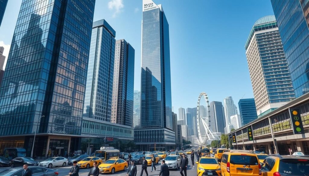 A bustling scene of Central Hong Kong's financial district, focusing on the modern office buildings symbolizing corporate prosperity. In the foreground, sleek glass skyscrapers rise majestically, showcasing unique architectural designs with reflections of the vibrant city life. The middle ground features a busy thoroughfare filled with professional commuters in business attire, navigating the urban landscape, while taxis and buses add to the dynamic atmosphere. In the background, iconic landmarks like the Hong Kong Observation Wheel and the harbor are visible under a clear blue sky. The lighting is bright and energetic, capturing the essence of a thriving business environment. The image conveys an inspiring mood, emphasizing Central's advantages as a premier business headquarters.