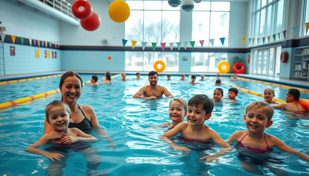 A colorful and engaging swimming class setting, showcasing both a children's swim lesson and an adult swim class in a spacious indoor pool. In the foreground, a cheerful instructor guides excited children wearing modest swim attire, demonstrating basic swimming techniques. In the middle, a focused adult class practices swimming strokes under the watchful eye of their instructor, all dressed in appropriate swimwear. The bright ambient lighting reflects off the water, creating a warm and inviting atmosphere, while large windows in the background allow natural light to flood the space. Lively decorations around the pool area, such as safety signs and colorful swim floats, emphasize the theme of pool safety and the importance of swimming education for all ages.