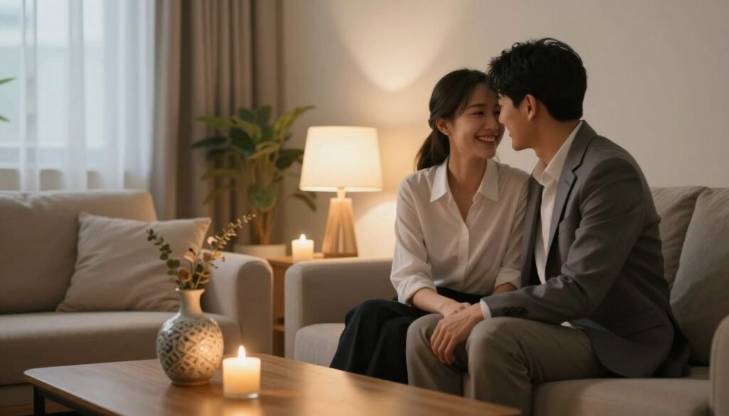 A cozy and intimate setting featuring a couple in a softly lit room, both dressed in professional business attire, engaged in a warm and affectionate moment. The foreground shows them sitting close together on a plush sofa, smiling and leaning in toward each other, with a nicely arranged coffee table holding a tasteful decorative vase and ambient candles. In the middle, a stylish lamp casts a warm glow, highlighting their expressions of happiness and connection. The background reveals a softly blurred view of a serene indoor environment, perhaps with subtle plants and plush textiles. The atmosphere is cinematic and romantic, evoking feelings of closeness and emotional fulfillment, captured in a 4:3 aspect ratio.