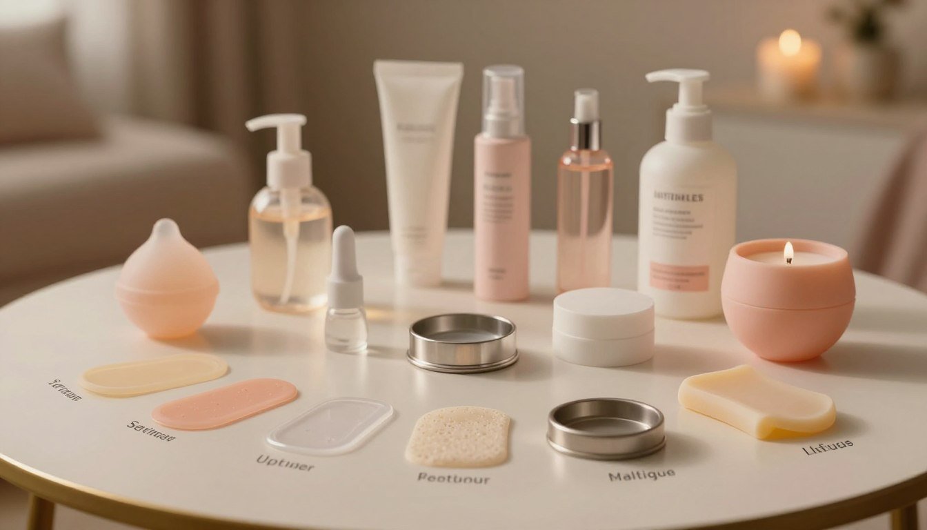 A detailed comparison of safe materials for intimate products displayed on a clean, elegant table. In the foreground, there are texture samples labeled with names like silicone, glass, metal, and rubber, each highlighted under soft, warm lighting to emphasize their unique features. The middle ground features a neatly arranged set of stylish and professional-looking intimate items, all artistically positioned to evoke a sense of trust and safety. In the background, a softly blurred ambiance of a cozy room with subtle romantic decor sets a welcoming atmosphere. The image captures a warm and inviting mood, promoting comfort and safety in the selection of these products. Use a cinematic lens to create depth, maintaining a 4:3 aspect ratio for a classic look.