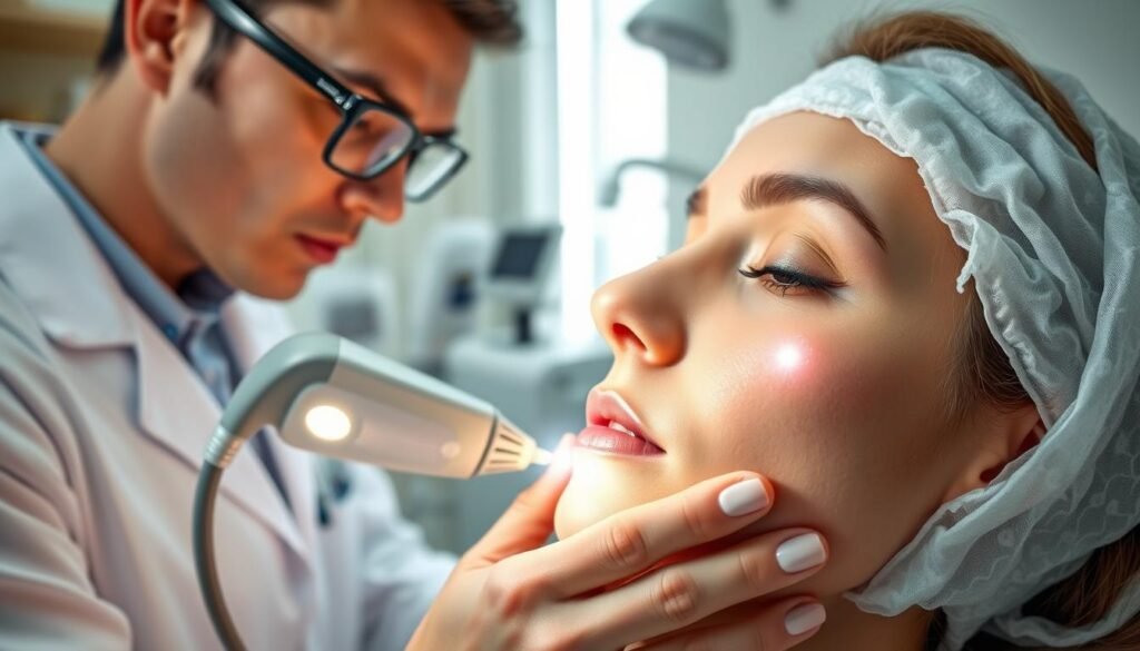 A detailed illustration of the principles and process of Pico laser treatment for skin pigmentation. In the foreground, show a focused and professional dermatologist wearing a lab coat, examining a patient's skin using a Pico laser device, emphasizing the handheld technology. In the middle ground, depict a clear view of the skin being treated, highlighting the gentle laser beams targeting pigment spots, creating a subtle glow effect. In the background, include a clean, modern clinic environment with medical equipment and a calming color palette, suggesting a professional atmosphere. Use soft, natural lighting that enhances the clarity of the procedure while maintaining a serene mood. Capture the precise nature of the treatment with a close-up lens angle, underscoring the technological advancement of the Pico technology.