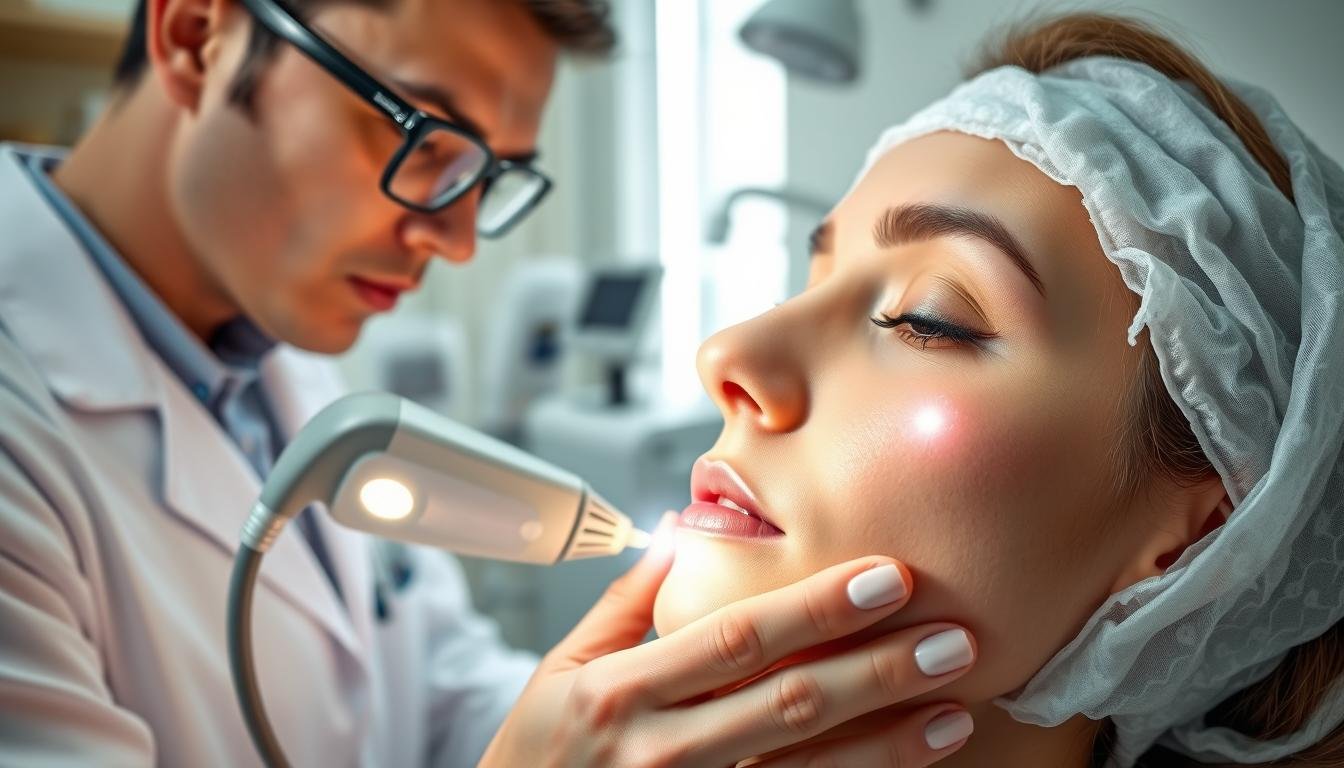 A detailed illustration of the principles and process of Pico laser treatment for skin pigmentation. In the foreground, show a focused and professional dermatologist wearing a lab coat, examining a patient's skin using a Pico laser device, emphasizing the handheld technology. In the middle ground, depict a clear view of the skin being treated, highlighting the gentle laser beams targeting pigment spots, creating a subtle glow effect. In the background, include a clean, modern clinic environment with medical equipment and a calming color palette, suggesting a professional atmosphere. Use soft, natural lighting that enhances the clarity of the procedure while maintaining a serene mood. Capture the precise nature of the treatment with a close-up lens angle, underscoring the technological advancement of the Pico technology.