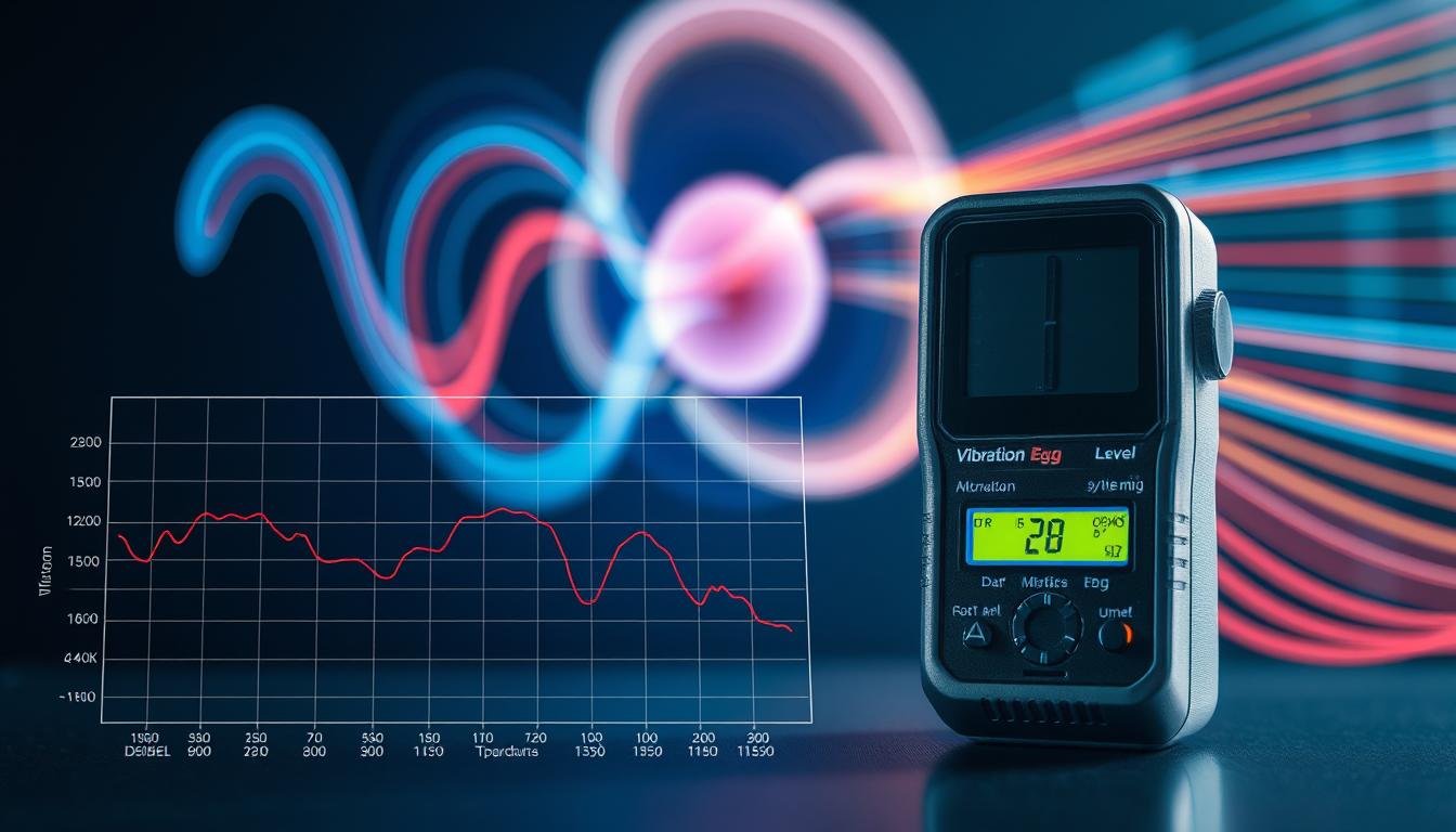 A technical illustration depicting the "Vibration Egg Noise Control Measurement Standards and Decibel Levels." In the foreground, a detailed graph outlines decibel levels associated with various vibrations, highlighting metrics for noise control. The middle ground features a sophisticated measuring device, resembling a sound level meter, with clear markings and indicators. In the background, an abstract representation of sound waves emanating from a vibration egg, visualized with dynamic, colorful lines converging towards the center. The scene is lit with bright, focused lighting that emphasizes clarity and precision, evoking a professional and analytical atmosphere. The angle should be slightly tilted, providing an engaging perspective that invites viewers into the world of sound measurement without any text or distractions.