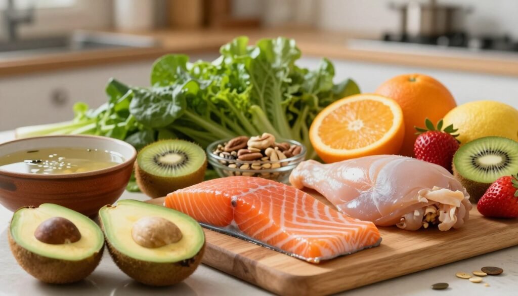 A vibrant display of natural foods rich in collagen, including salmon fillets, chicken skin, and a selection of colorful fruits such as oranges, strawberries, and kiwis. In the foreground, a wooden cutting board holds fresh avocado and bone broth in a rustic bowl. The middle ground showcases leafy greens, nuts, and seeds, highlighting their nutritional value. The background features a softly blurred kitchen setting with warm, inviting lighting to create a wholesome atmosphere. A shallow depth of field focuses on the foods, giving a sense of freshness and vitality. The image conveys a healthy lifestyle, emphasizing the connection between diet and collagen sources. A vibrant display of natural foods rich in collagen, including salmon fillets, chicken skin, and a selection of colorful fruits such as oranges, strawberries, and kiwis. In the foreground, a wooden cutting board holds fresh avocado and bone broth in a rustic bowl. The middle ground showcases leafy greens, nuts, and seeds, highlighting their nutritional value. The background features a softly blurred kitchen setting with warm, inviting lighting to create a wholesome atmosphere. A shallow depth of field focuses on the foods, giving a sense of freshness and vitality. The image conveys a healthy lifestyle, emphasizing the connection between diet and collagen sources.