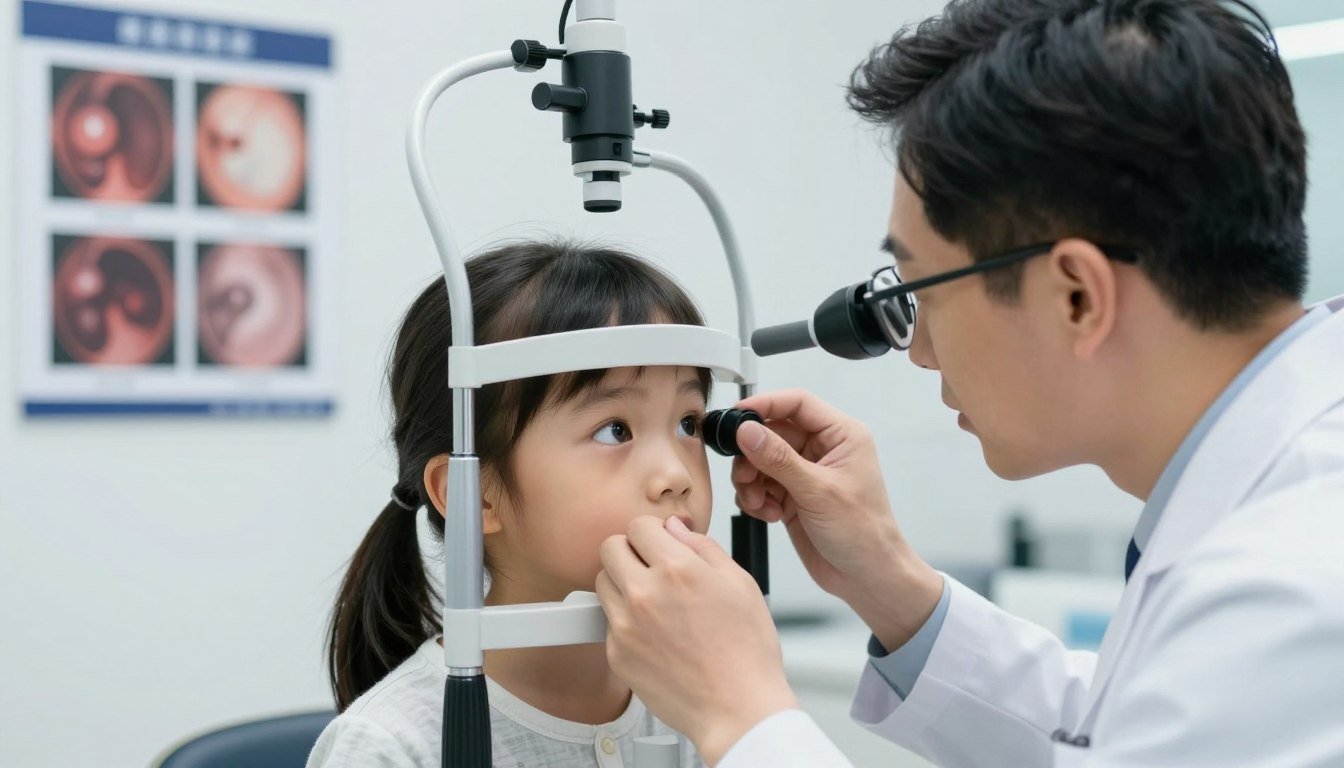 A professional ophthalmologist examining a child in a modern clinic setting. The ophthalmologist, dressed in a white lab coat and glasses, is focused on the child's eyes, using an eye examination device. The child appears curious yet slightly anxious, with a sense of innocence in their expression. In the background, charts displaying images of strabismus and amblyopia are softly out of focus. The lighting is bright and clinical, highlighting the details of the examination with a clean, sterile ambiance. The camera angle is slightly above eye level, capturing both the specialist's concentration and the child's gaze, creating an atmosphere of care and professionalism.