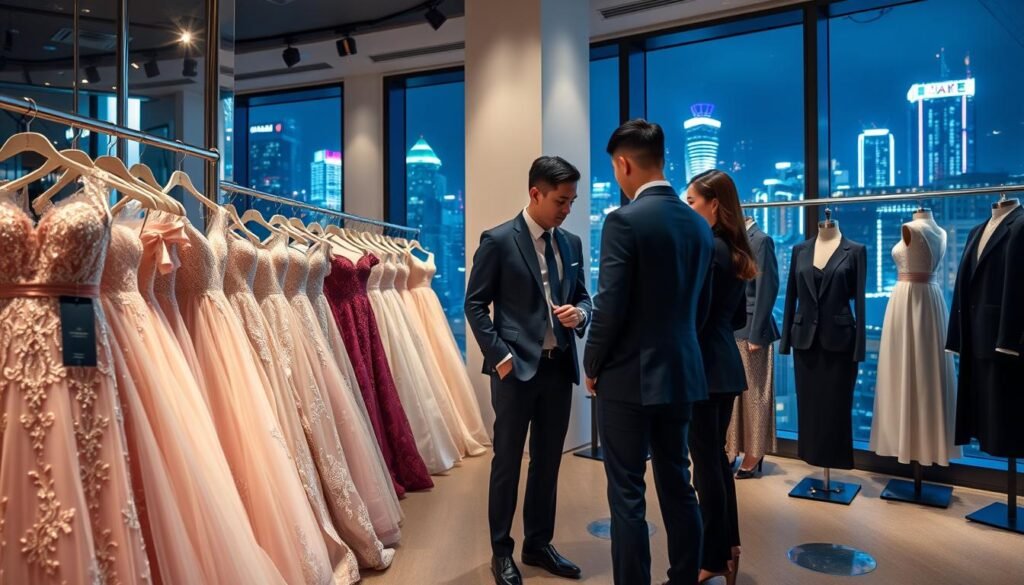A bustling, upscale Taipei formal wear shop, showcasing elegant evening dresses and suits in a modern, chic interior. The foreground features a beautifully arranged display of luxurious gowns in soft pastels and rich jewel tones, with intricate lace and beaded details visible. In the middle ground, a well-dressed sales associate assists a professional-looking couple, both wearing business attire, as they browse the collection. In the background, large windows reveal a vibrant cityscape of Taipei at night, illuminated by neon lights, casting a warm glow into the store. The overall atmosphere is sophisticated and inviting, with soft lighting highlighting the garments. Capture the scene from a slightly elevated angle to emphasize the elegance of the store and its clientele.