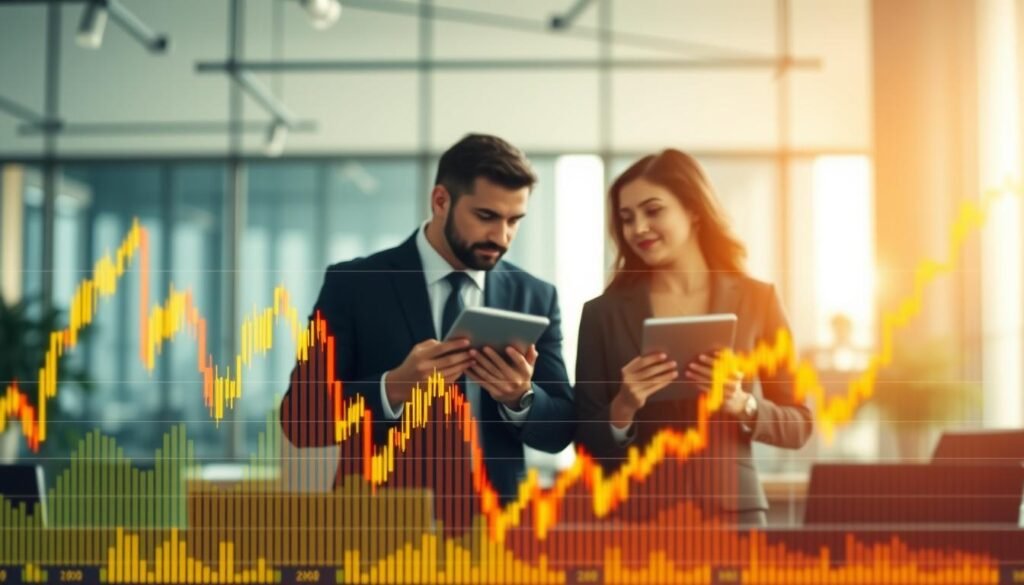 A detailed illustration of a gold price trending chart, showcasing fluctuations over time, with highlighted lines demonstrating both rising and falling trends. In the foreground, emphasize the gold price data with vibrant colors that evoke a sense of movement and change. The middle ground should include a pair of professional business individuals in smart attire, analyzing the chart with digital tablets in hand, deeply engaged in discussion. The background features a softly blurred financial office setting, with large windows allowing natural light to flood in, enhancing the atmosphere of professionalism and analysis. Use a balanced composition with a focus on clarity and precision, capturing a mood of serious investment analysis and market exploration.