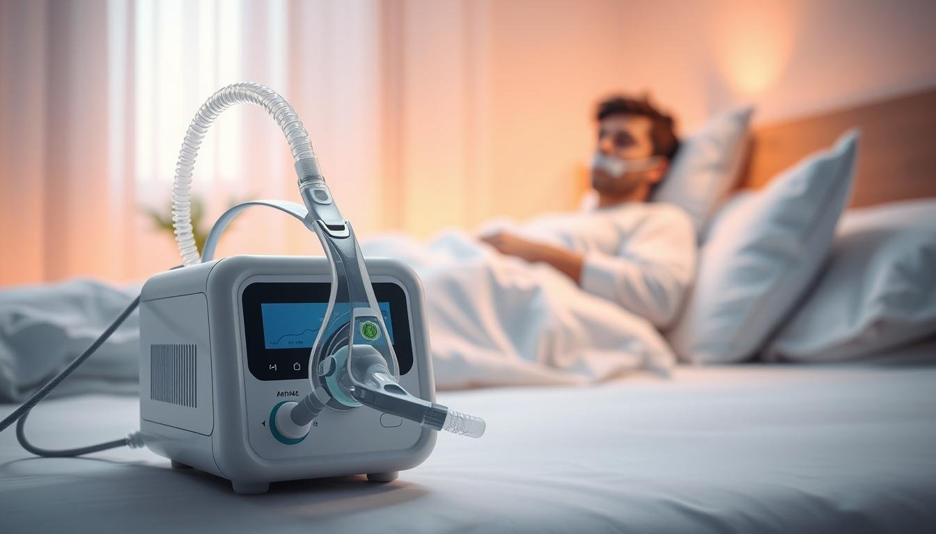 A detailed illustration of a sleep apnea machine, prominently displayed in the foreground, showcasing its components such as the mask, tubing, and control panel. The middle ground features a serene bedroom setting with soft, ambient lighting to evoke a calm atmosphere, emphasizing a sense of peaceful sleep. In the background, a subtle depiction of an individual, dressed in modest sleepwear, peacefully using the device while lying in bed, illustrating the practical application of the machine. The image should have a gentle color palette with warm tones to enhance the soothing mood, captured from a slight angle to provide depth and clarity, highlighting the importance and function of the sleep apnea device.