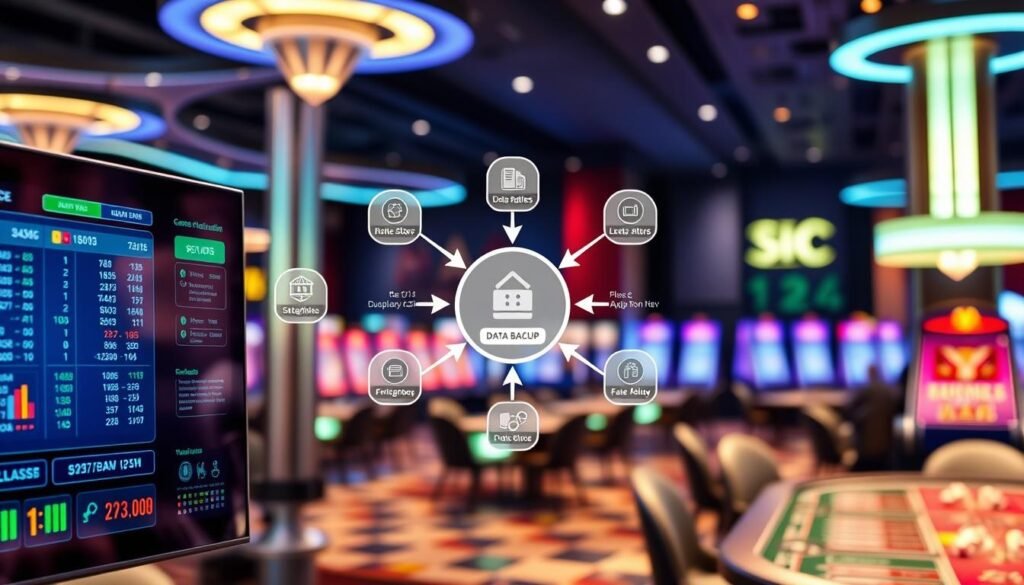 A sleek digital casino interface showcasing a seamless data saving and recovery mechanism for an online gaming platform. In the foreground, display an interactive screen with game statistics and player balance indicators, highlighted by soft blue and green lights. The middle layer features a conceptual flowchart illustrating the data backup process, with arrows connecting various virtual components, creating a sense of movement and connectivity. The background shows a stylized virtual casino environment, with elegant gaming tables and neon lights reflecting a vibrant, modern atmosphere. The lighting should be bright and inviting, capturing a sense of innovation and reliability, suited for a professional article on gaming technology.