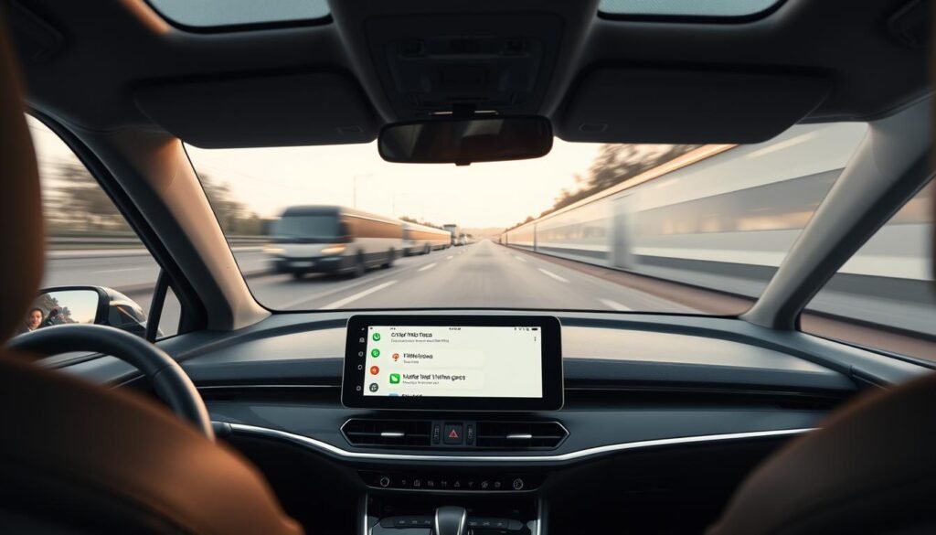A sleek, modern car interior featuring the CarPlay interface displayed prominently on a high-resolution touchscreen. In the foreground, the dashboard is equipped with intuitive controls and minimalistic design elements. The middle section includes the CarPlay screen, showcasing notifications being filtered intelligently, like faded-out messages and muted calls. Outside the vehicle, a dynamic road scene flashes by, suggesting high speed with blurred scenery. Ambient lighting softly illuminates the interior, with a focus on the screen to highlight the technology. The mood conveys a sense of focus and safety, emphasizing smart technology in a professional driving context. No human figures are present, ensuring a clean, tech-centric aesthetic.