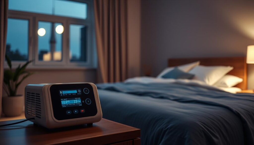 A spacious, modern bedroom during the tranquil night, bathed in soft, ambient lighting that creates a calming atmosphere. In the foreground, a sleek, high-tech sleep apnea machine is prominently displayed on a bedside table, showcasing its intricate design with buttons and a digital display. In the middle ground, a cozy bed is neatly made with pillows and a soothing blue blanket, enhancing the sense of comfort. A window can be seen in the background, subtly illuminated by moonlight, suggesting a peaceful outside environment. The overall mood is serene and reassuring, emphasizing the machine's role in promoting restful sleep without interruptions. Use a shallow depth of field to focus on the sleep apnea machine while softly blurring the background.