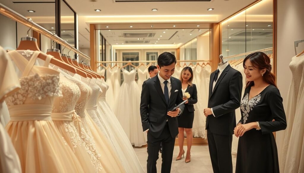 A stylish and modern Taipei bridal gown shop interior, showcasing elegant displays of wedding dresses and formal wear. In the foreground, a well-dressed couple examines a selection of exquisite gowns, reflecting happiness and excitement. The couple wears professional business attire, with the woman gracefully browsing through a beautiful display of silk and lace dresses. In the middle, skilled consultants engage with the customers, providing personalized service and advice. The background features soft lighting, highlighting the intricate details of the gowns and luxurious décor. A large mirror reflects the ambience, creating a warm and inviting atmosphere. Capture a sense of sophistication and attention to detail, suitable for an upscale bridal boutique in Taipei. Use a wide-angle lens to emphasize the space and depth.