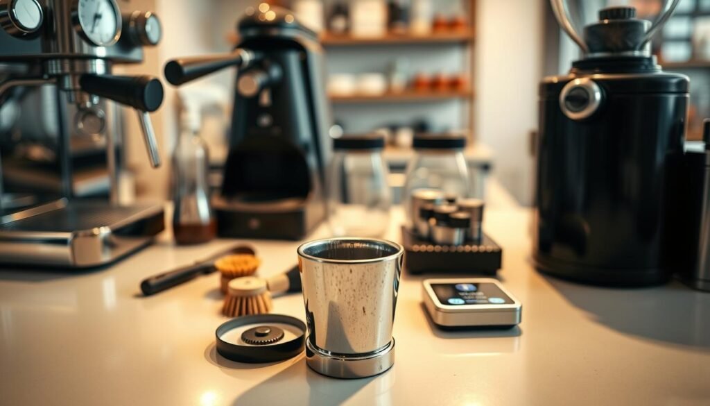 A clean and organized coffee preparation station, featuring a variety of professional coffee tools such as a manual espresso machine, a coffee grinder, and brewing devices. In the foreground, show a well-worn yet gleaming portafilter, surrounded by brushes and cleaning solutions, highlighting the importance of maintenance. The middle ground includes a polished countertop with neatly arranged tools and a small, illuminated coffee scale. Soft, warm lighting casts gentle shadows, creating an inviting atmosphere that conveys professionalism and care. The background features a subtle suggestion of a coffee shop environment with blurred equipment shelves and soft colors, emphasizing the setting of a barista at work. The angle should be slightly above eye level for a dynamic perspective.