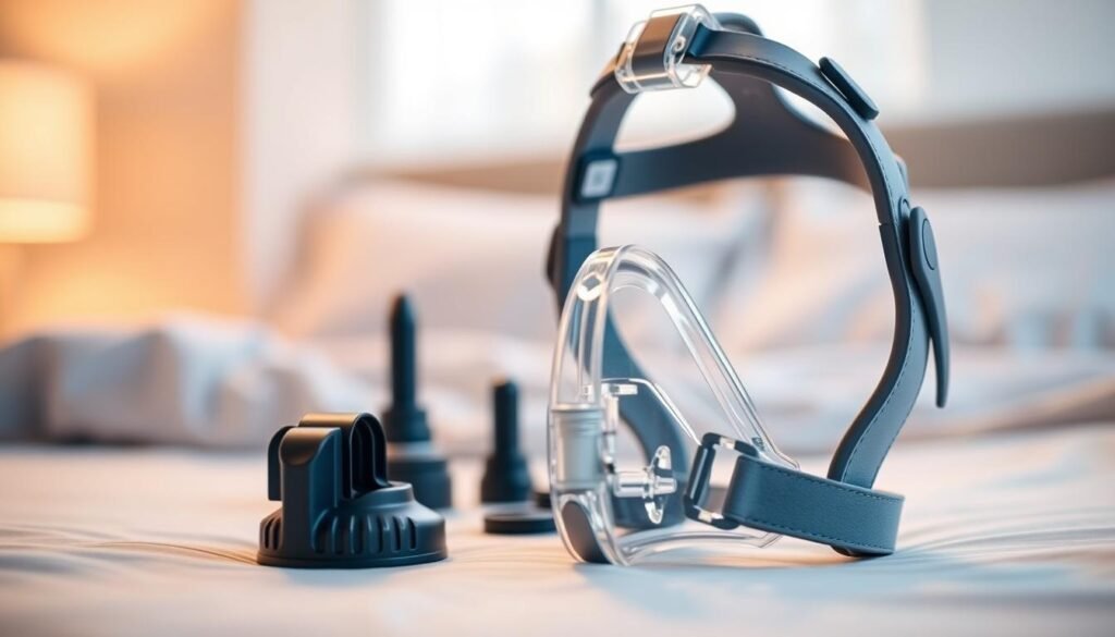 A close-up view of a durable sleep apnea mask frame, showcasing its intricate design and materials. The foreground features a high-quality silicone mask with adjustable straps and a secure fit, highlighting the softness and flexibility of the material. In the middle ground, various components such as valve systems and cushion supports are arranged, demonstrating their engineering sophistication. The background is softly blurred, hinting at a serene bedroom environment, bathed in gentle ambient light to create a calming atmosphere. The focus is sharp, capturing the mask’s details, with a slight vignette around the edges to draw attention to the product. The overall mood conveys trust and reliability, emphasizing the mask's role in improving sleep quality.