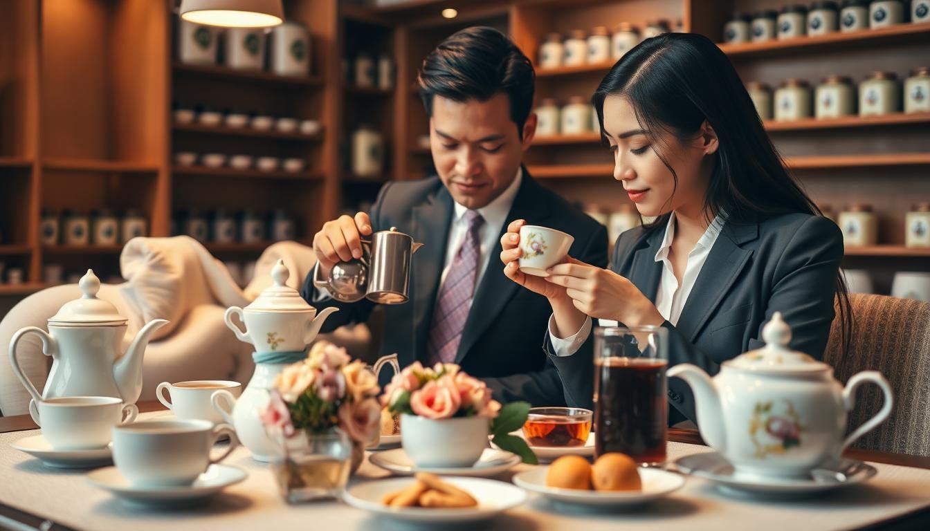 A cozy and intimate tea tasting scene, featuring a beautifully arranged table with a variety of tea sets, including elegant teacups and teapots. In the foreground, a diverse couple in professional business attire is engaged in the tea tasting process, with one person pouring tea while the other inhales the aroma, showcasing attentiveness to the flavors. The middle ground includes delicate floral arrangements and small plates with traditional snacks, enhancing the atmosphere. The background reveals a softly lit room with wooden shelves lined with various tea canisters. Warm, ambient lighting creates a welcoming mood, reminiscent of a serene tea house. The composition should have a cinematic feel, capturing the essence of tea appreciation in a 4:3 aspect ratio.